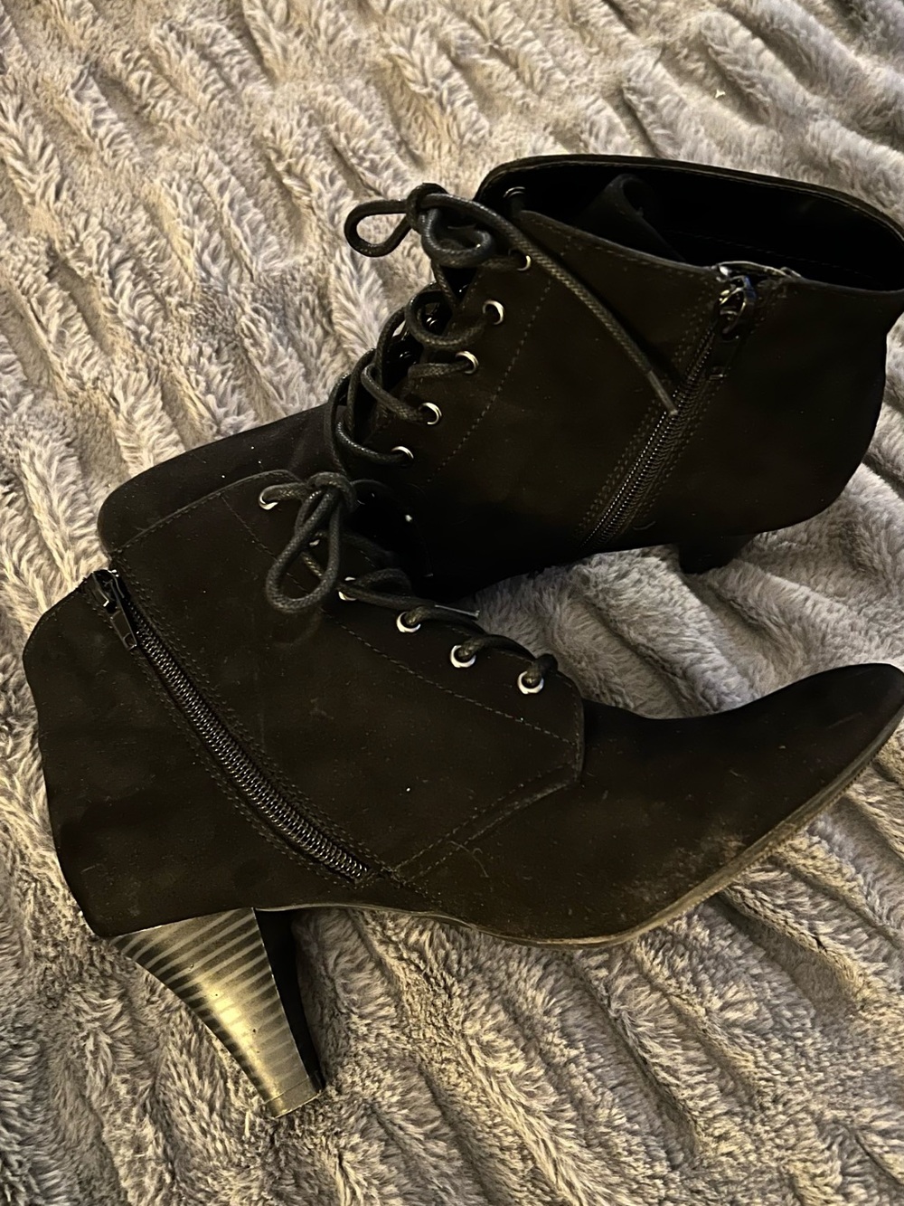 Faded Glory Black Lace-Up Suede Ankle Booties with Side Zipper